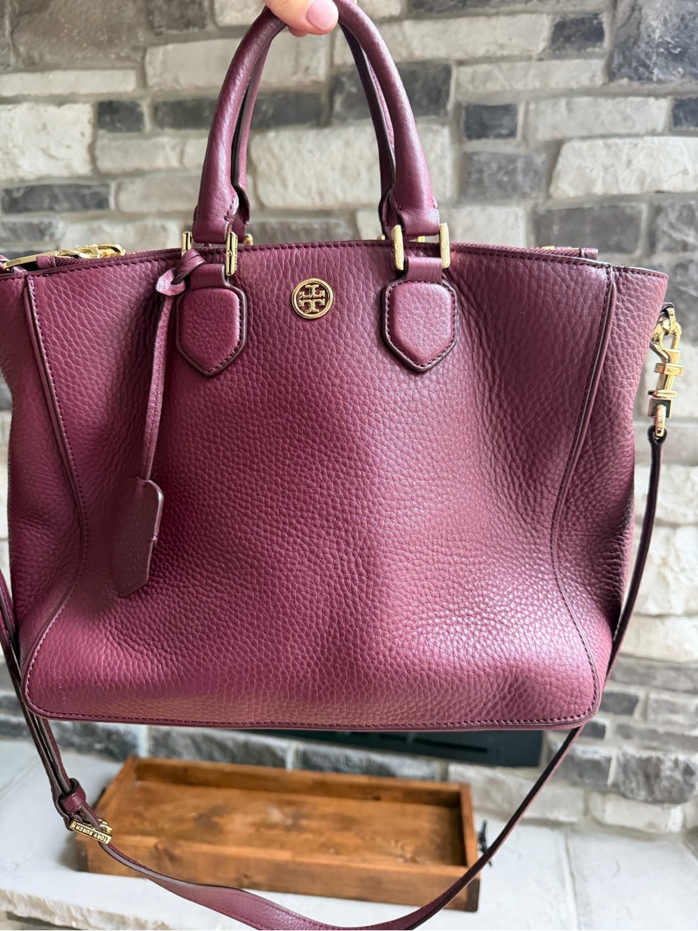 Tory Burch Pebbled Leather Tote in Burgundy with Gold Hardware